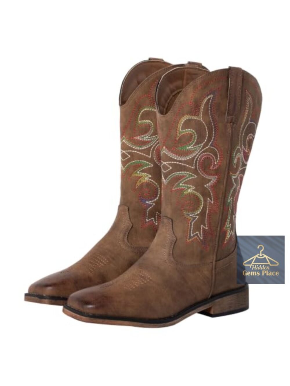 Women's Faux Leather Square Toe Cowboy Boots Mid-Calf Embroidered Pull-On